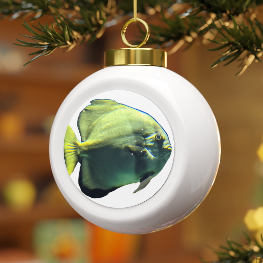 A glossy green fish Christmas ball ornament with a gold ribbon, showcasing a vintage design and customizable metal insert.