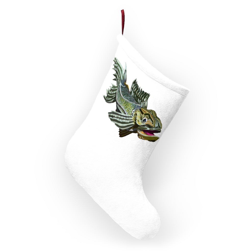 A pair of festive green fish Christmas stockings hanging by a fireplace, showcasing personalized designs and a cozy fleece texture.