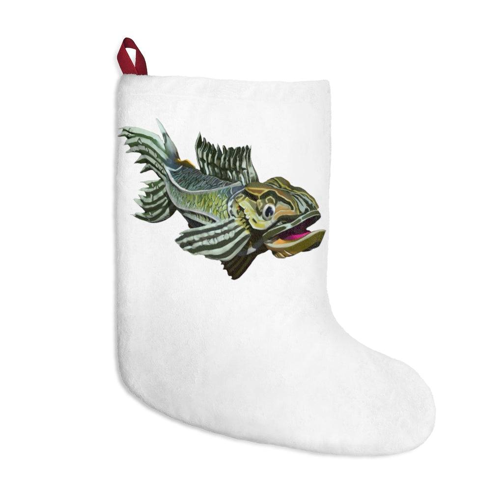 A pair of festive green fish Christmas stockings hanging by a fireplace, showcasing personalized designs and a cozy fleece texture.