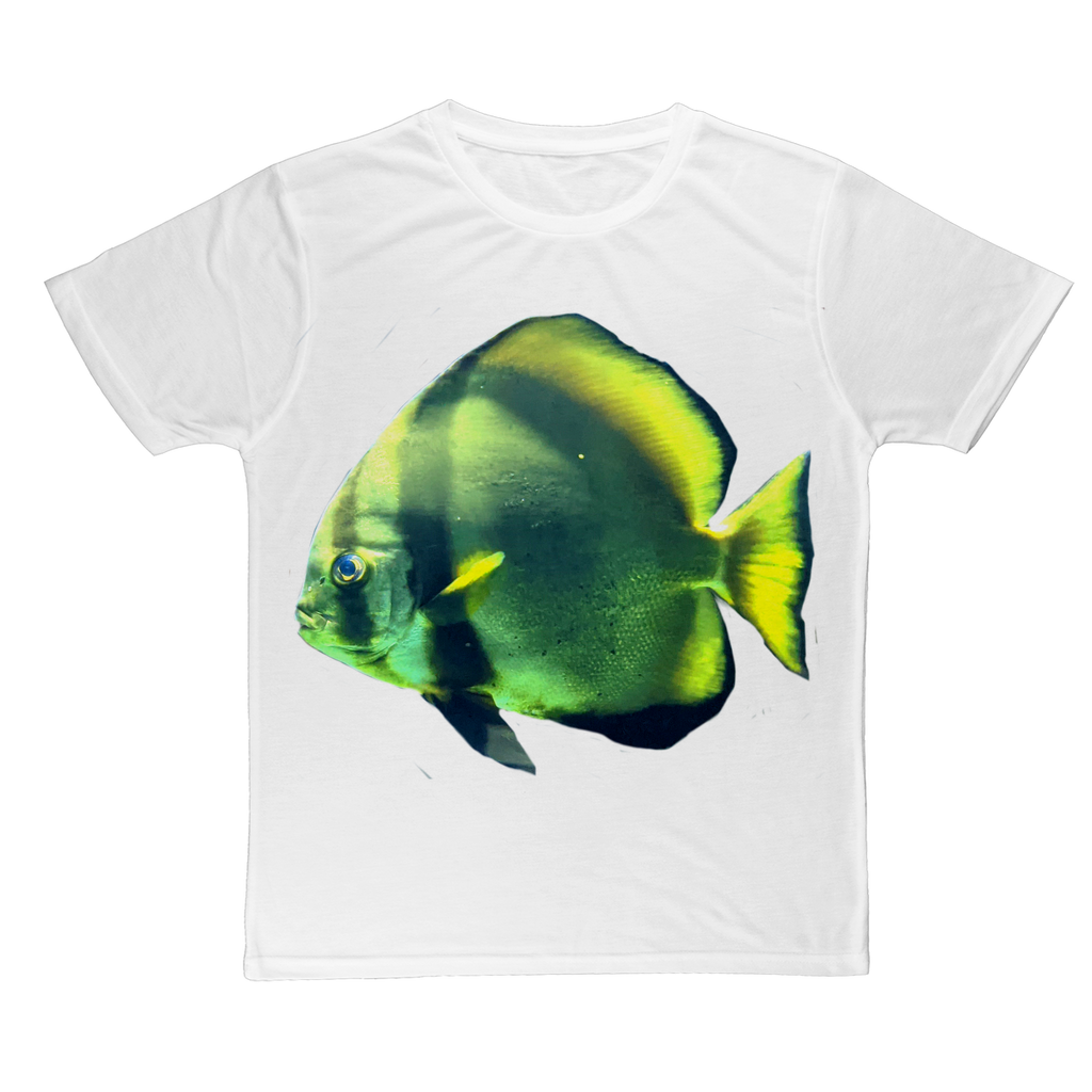 Green Fish Classic Sublimation Adult T-Shirt made from 100% polyester, showcasing vibrant colors and a soft cotton-like feel.