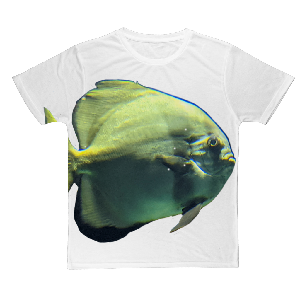 Green Fish Classic Sublimation Adult T-Shirt featuring vibrant colors and a soft cotton-like feel, perfect for sublimation printing.