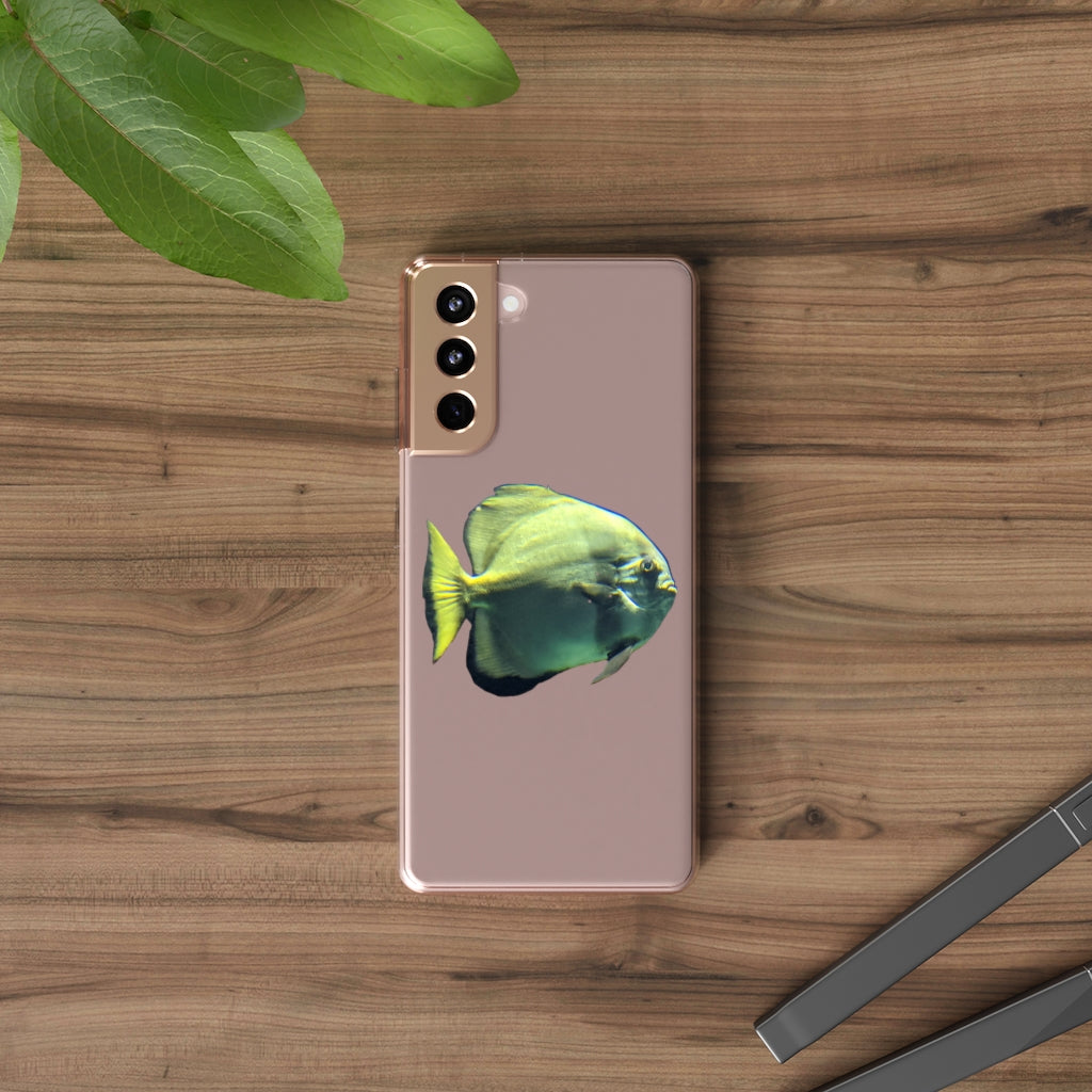 A stylish Green Fish Clear Case showcasing a smartphone, featuring a slim design and precise cutouts for connectivity.