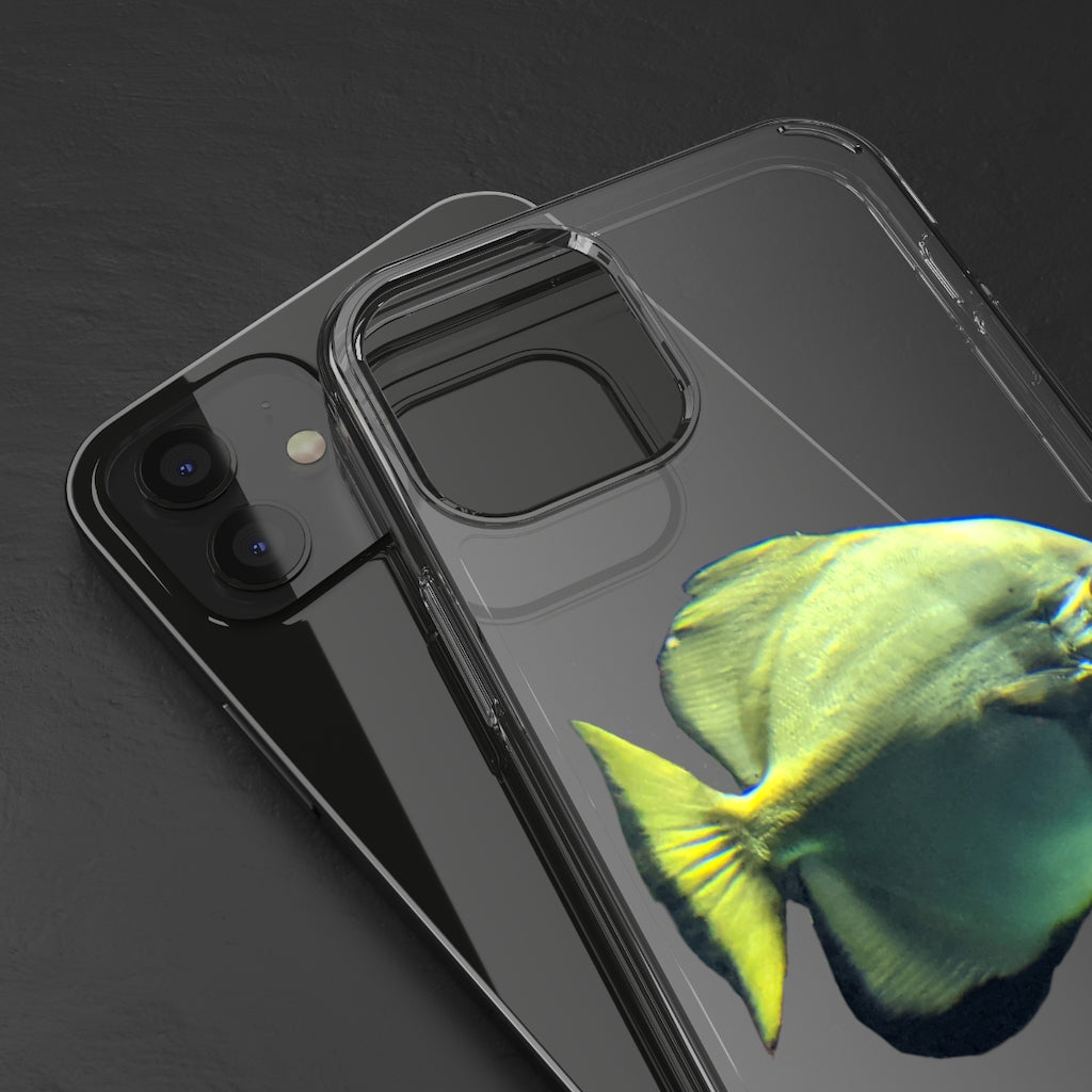 A stylish Green Fish Clear Case showcasing a smartphone, featuring a slim design and precise cutouts for connectivity.