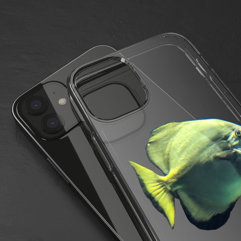 A stylish Green Fish Clear Case showcasing a smartphone, featuring a slim design and precise cutouts for connectivity.