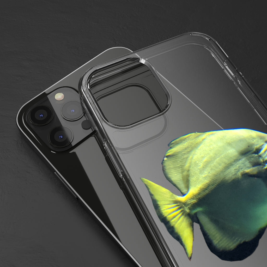 A stylish Green Fish Clear Case showcasing a smartphone, featuring a slim design and precise cutouts for connectivity.