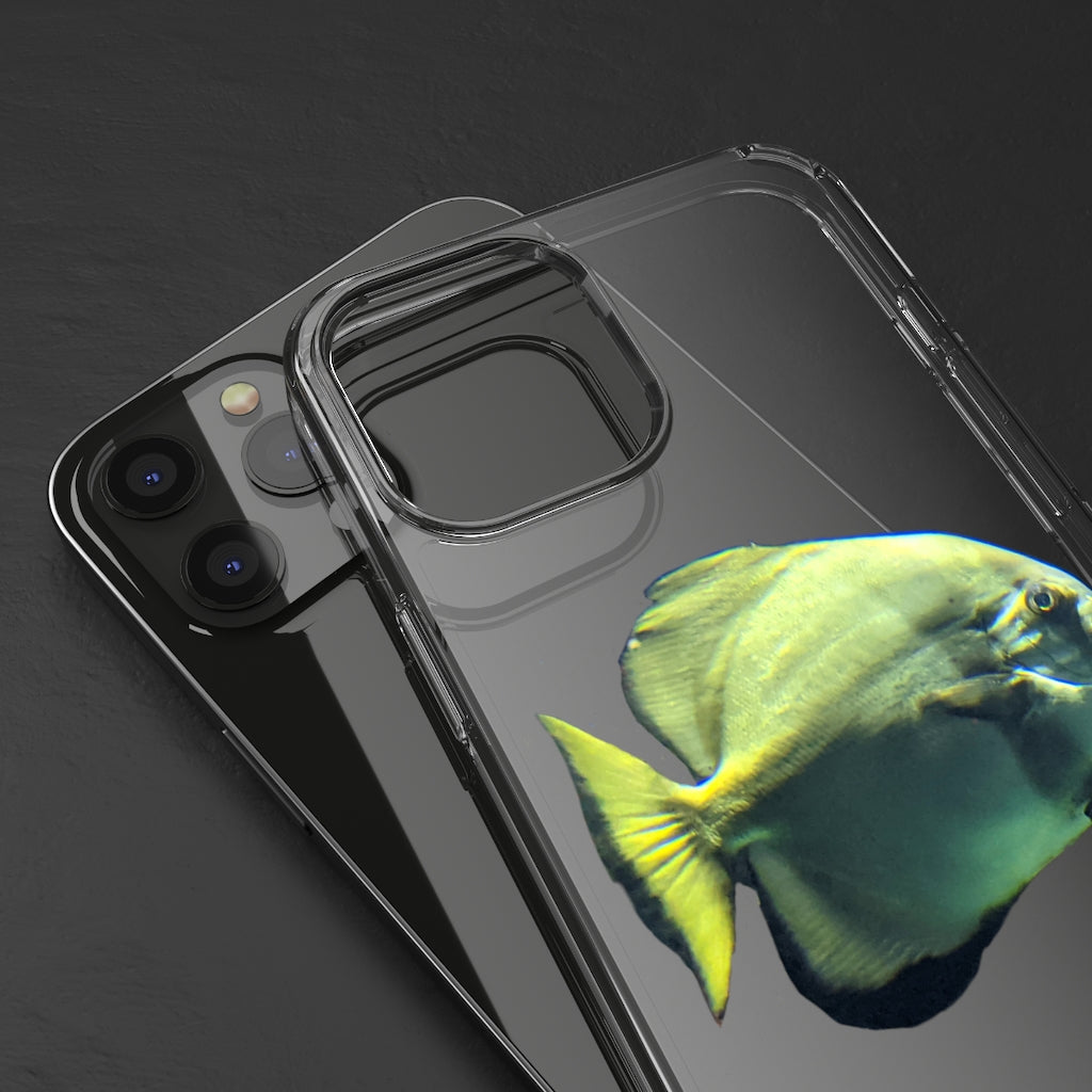 A stylish Green Fish Clear Case showcasing a smartphone, featuring a slim design and precise cutouts for connectivity.