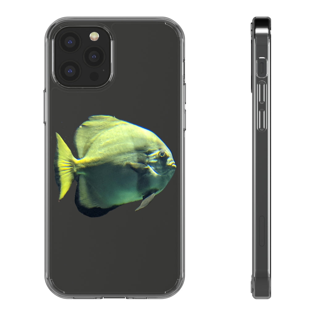 A stylish Green Fish Clear Case showcasing a smartphone, featuring a slim design and precise cutouts for connectivity.