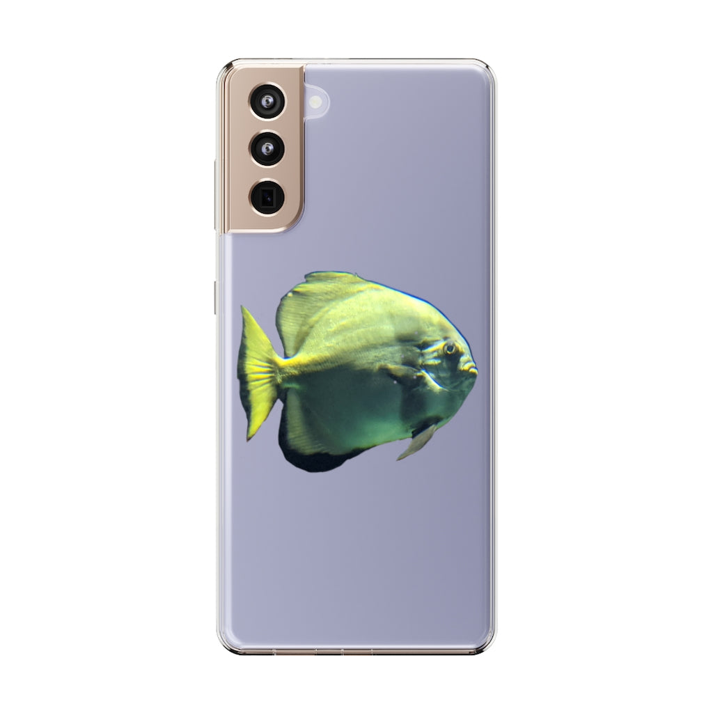 A stylish Green Fish Clear Case showcasing a smartphone, featuring a slim design and precise cutouts for connectivity.