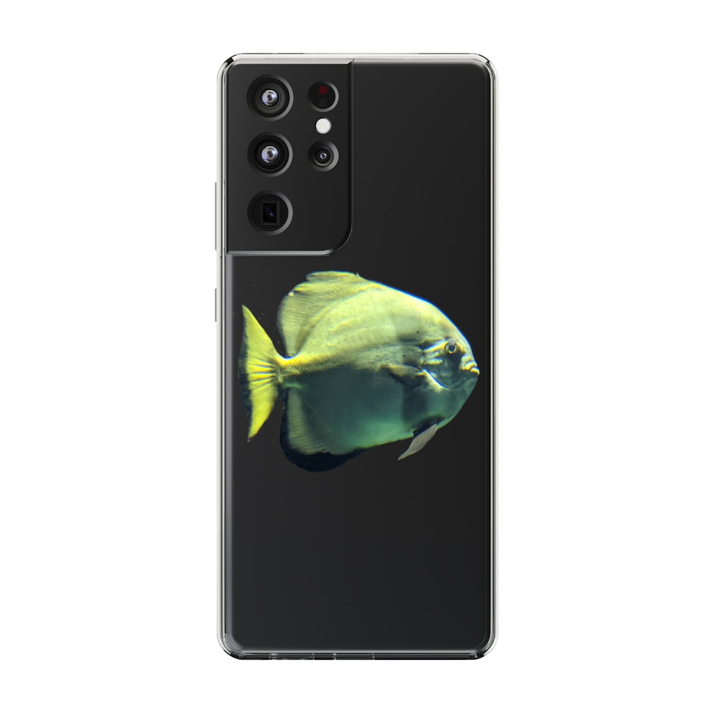 A stylish Green Fish Clear Case showcasing a smartphone, featuring a slim design and precise cutouts for connectivity.