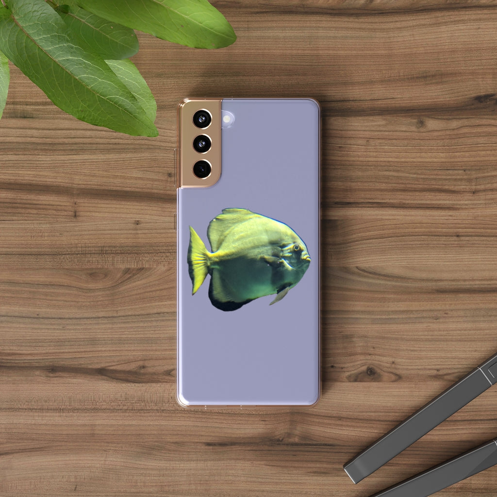 A stylish Green Fish Clear Case showcasing a smartphone, featuring a slim design and precise cutouts for connectivity.