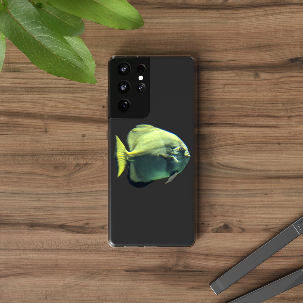 A stylish Green Fish Clear Case showcasing a smartphone, featuring a slim design and precise cutouts for connectivity.