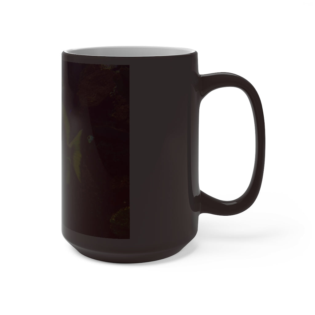 Green Fish Color Changing Mug showcasing its vibrant color transformation when filled with hot liquid.