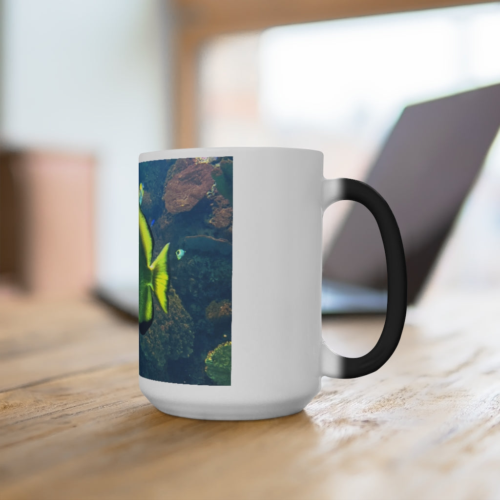 Green Fish Color Changing Mug showcasing its vibrant color transformation when filled with hot liquid.