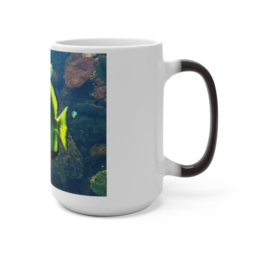 Green Fish Color Changing Mug showcasing its vibrant color transformation when filled with hot liquid.