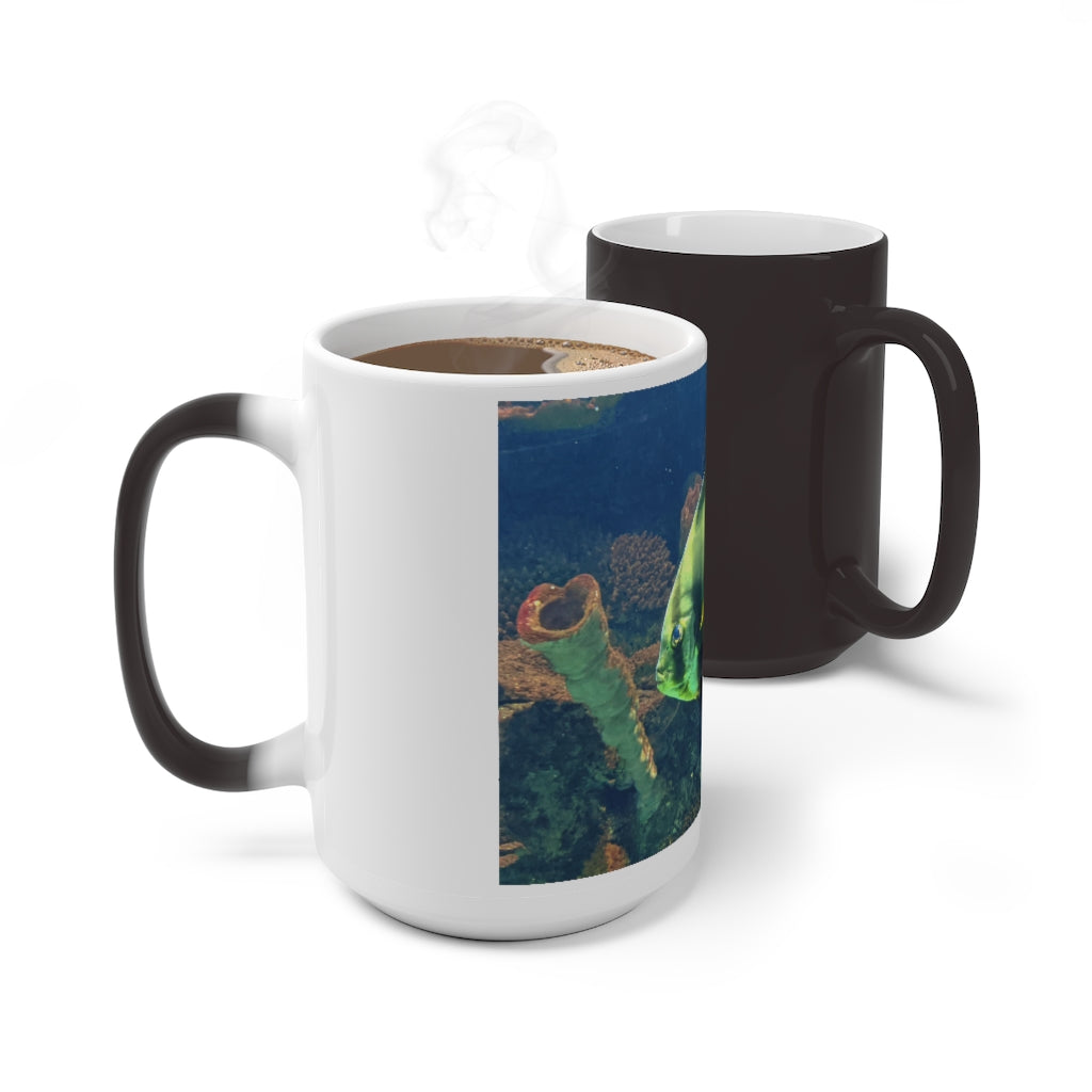 Green Fish Color Changing Mug showcasing its vibrant color transformation when filled with hot liquid.