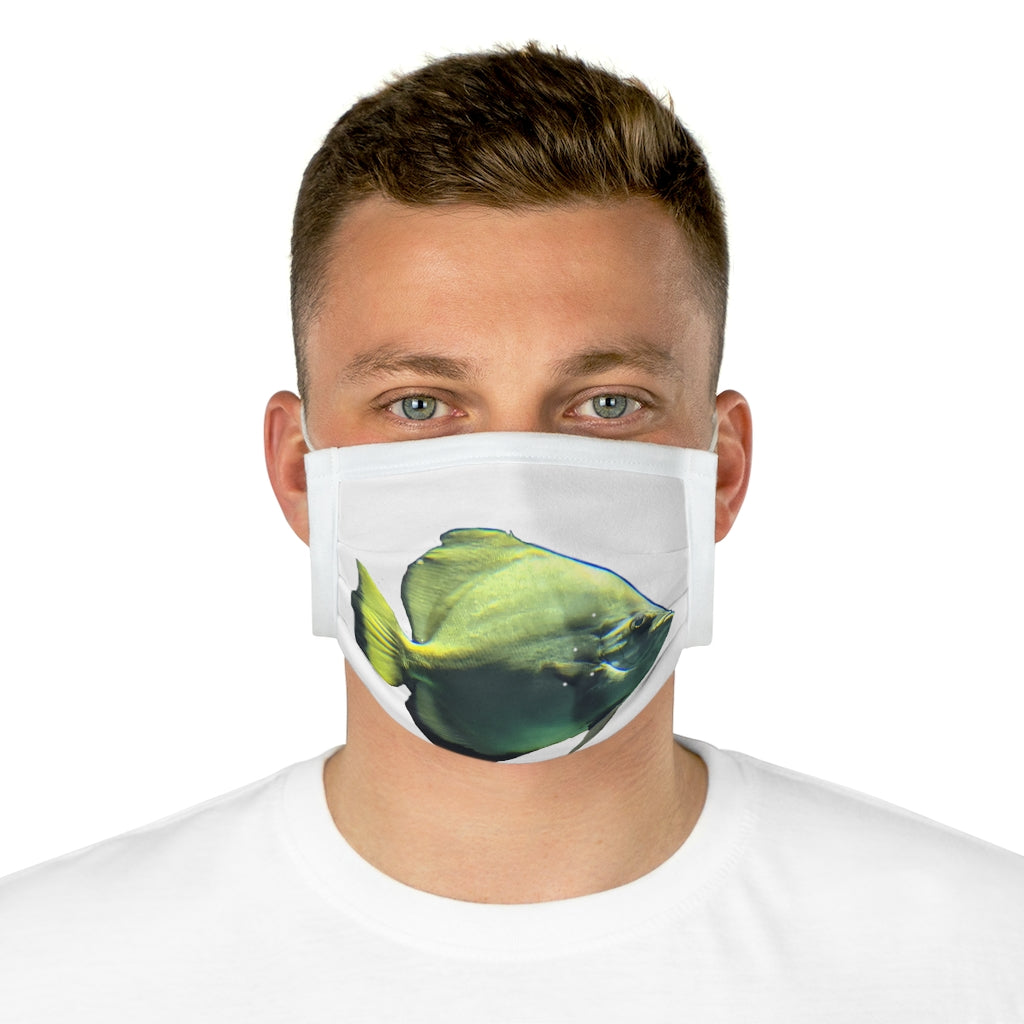 Green Fish Cotton Face Mask featuring a vibrant fish design, made from 100% cotton with adjustable features for comfort.