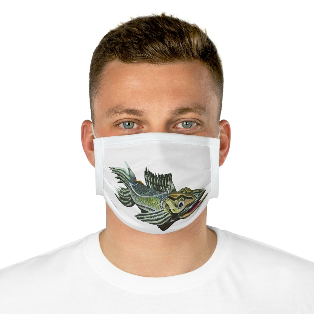 Green Fish Cotton Face Mask featuring a vibrant fish design, made from 100% cotton with adjustable nose wire and elastic earloops.