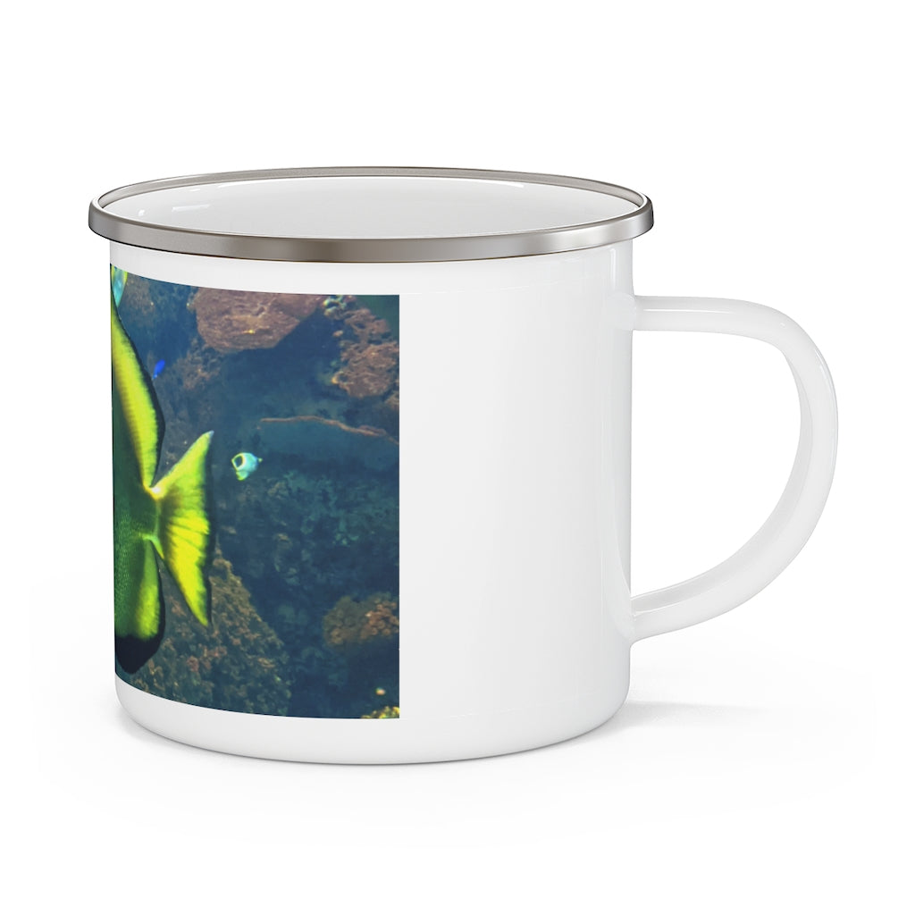 Green Fish Enamel Camping Mug with a C-handle, showcasing a vibrant design and durable stainless steel construction, perfect for outdoor adventures.