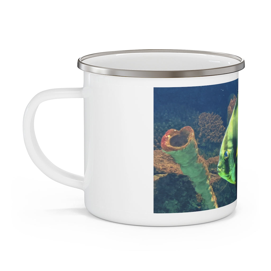 Green Fish Enamel Camping Mug with a C-handle, showcasing a vibrant design and durable stainless steel construction, perfect for outdoor adventures.