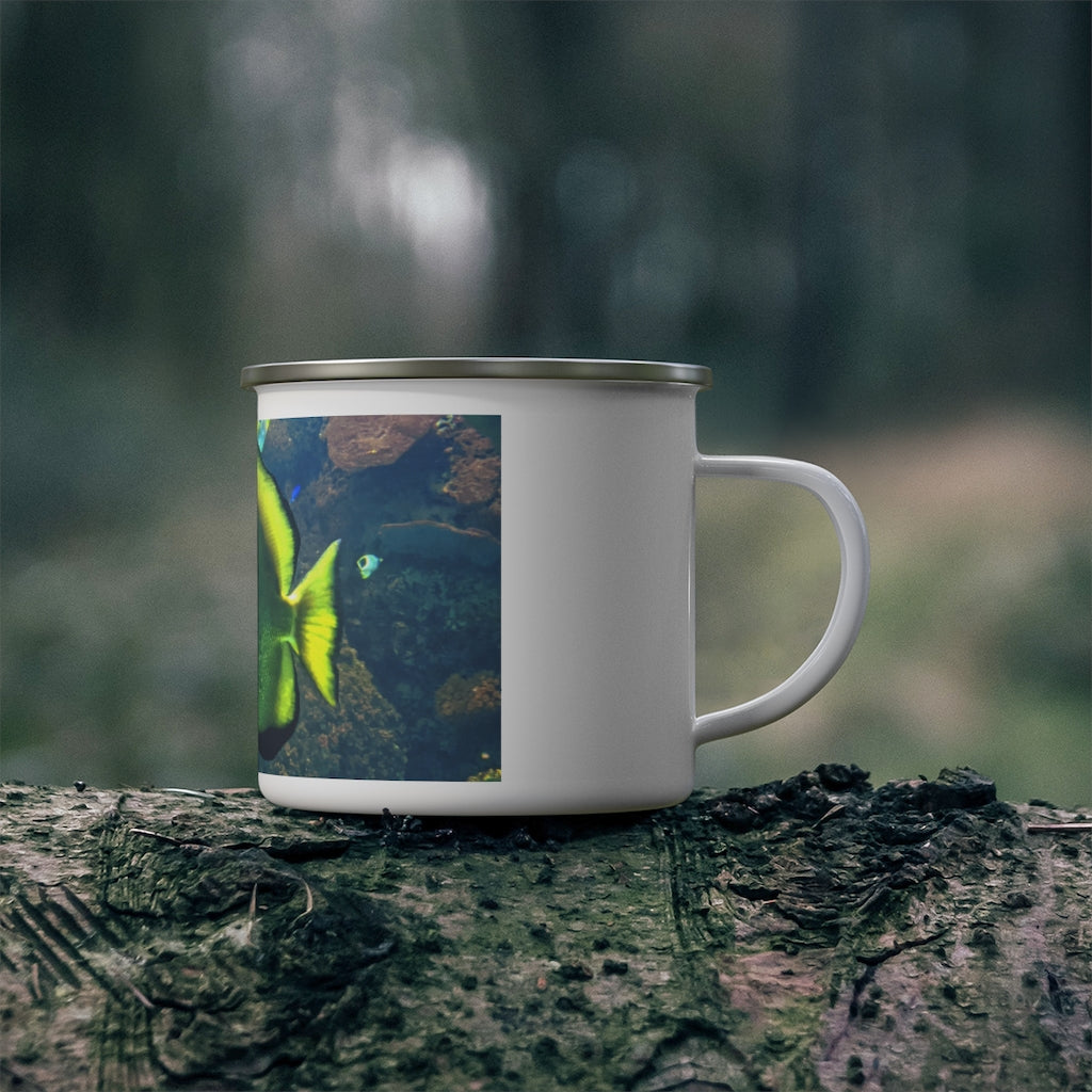 Green Fish Enamel Camping Mug with a C-handle, showcasing a vibrant design and durable stainless steel construction, perfect for outdoor adventures.