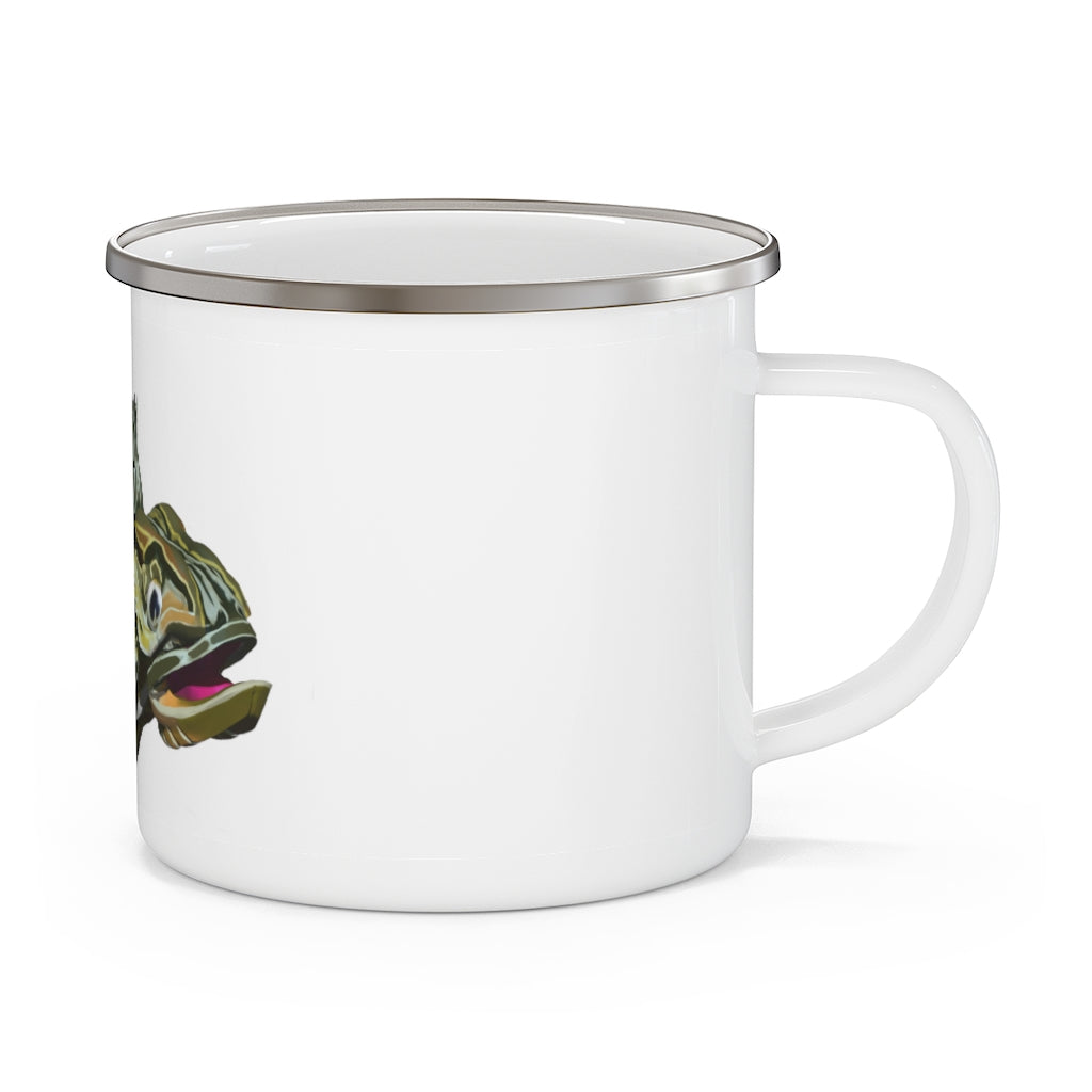 Green Fish Enamel Camping Mug with a stylish design, perfect for outdoor use, featuring a C-handle and rounded corners.