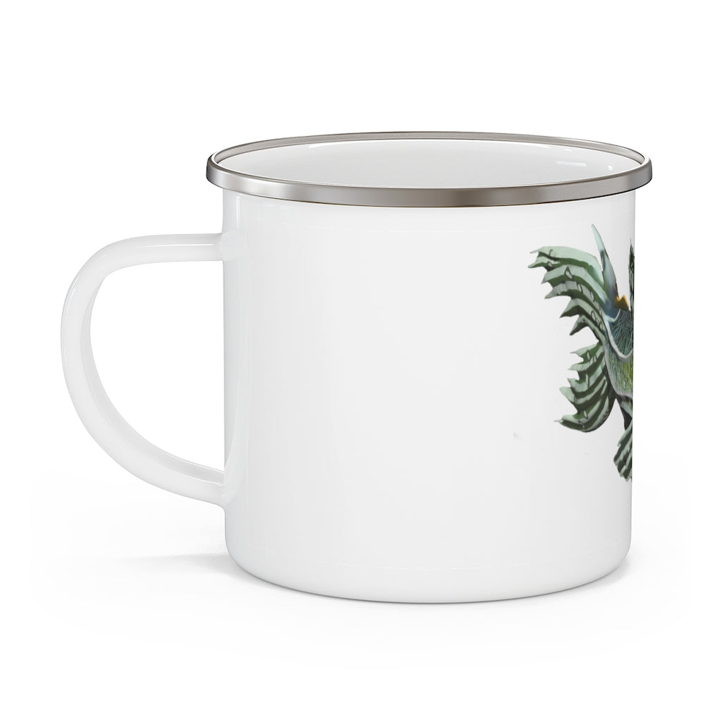 Green Fish Enamel Camping Mug with a stylish design, perfect for outdoor use, featuring a C-handle and rounded corners.