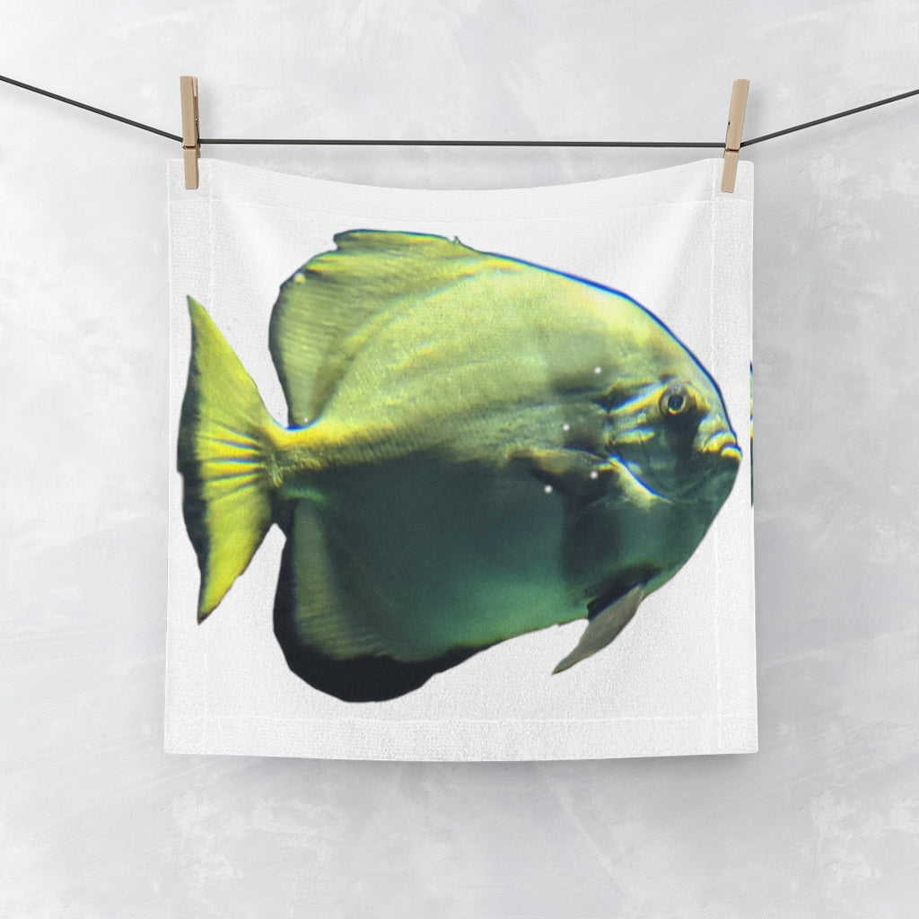 A vibrant Green Fish Face Towel featuring a customizable polyester front and soft cotton back, perfect for bathroom use.