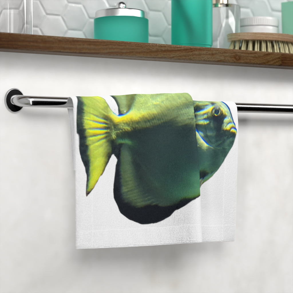 A vibrant Green Fish Face Towel featuring a customizable polyester front and soft cotton back, perfect for bathroom use.