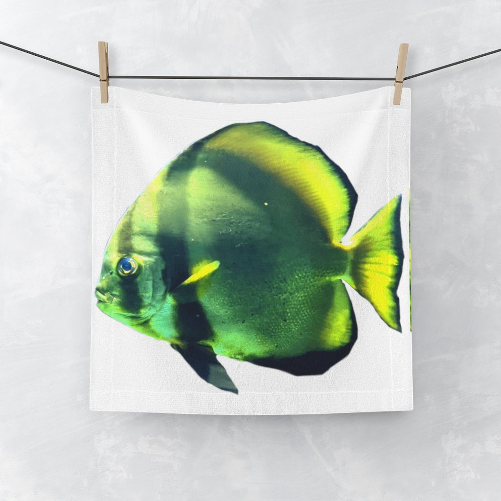 Green Fish Face Towel featuring a customizable polyester front and soft cotton back, ideal for personal designs.