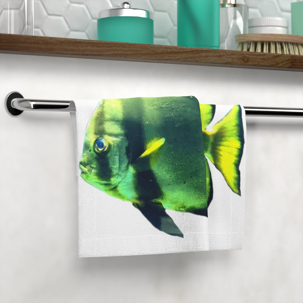 Green Fish Face Towel featuring a customizable polyester front and soft cotton back, ideal for personal designs.