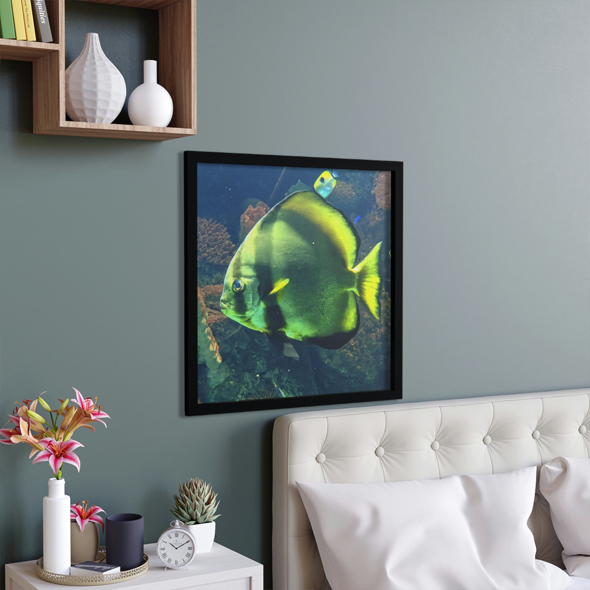 A beautifully framed Green Fish poster showcasing vibrant colors and intricate details, perfect for home decor.