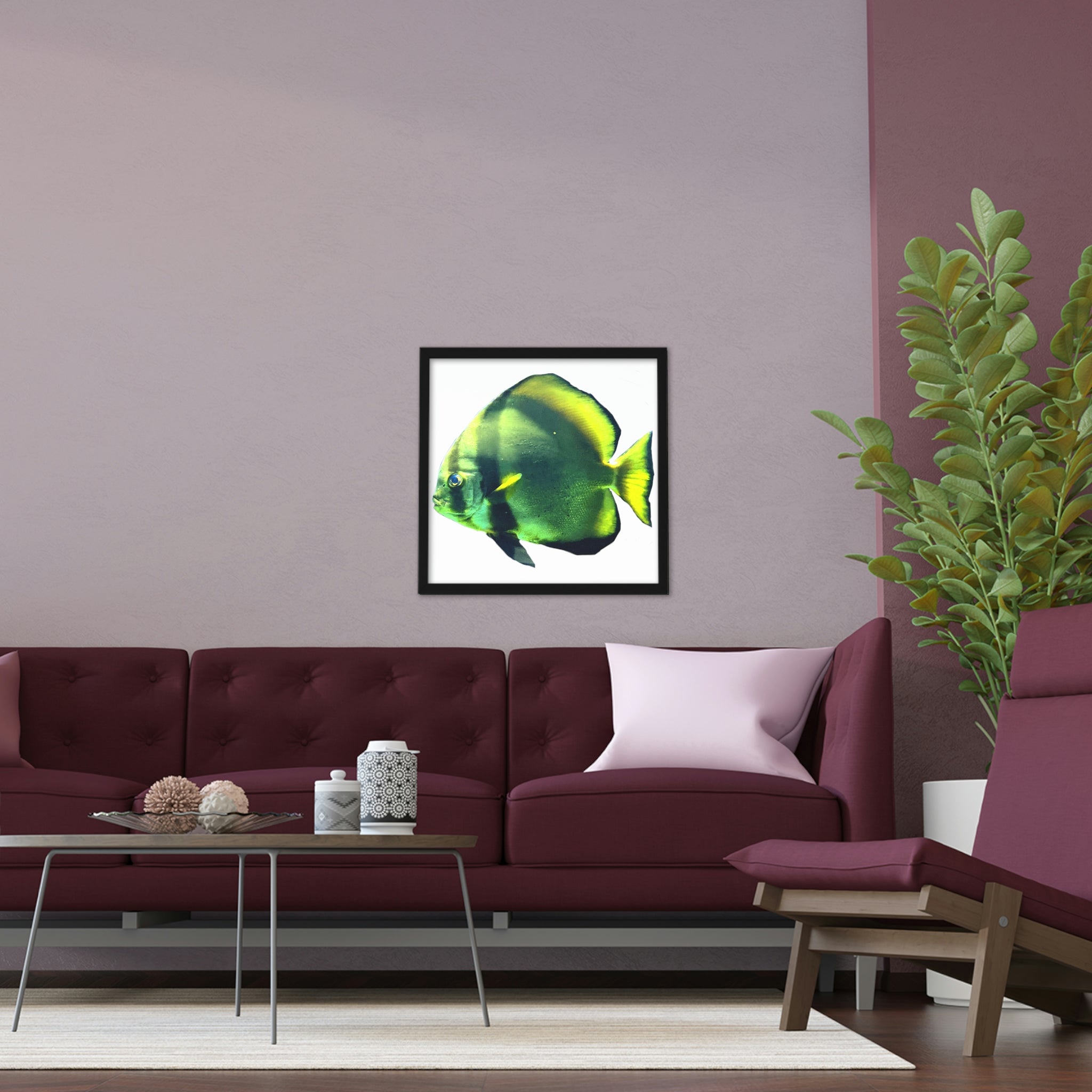 A beautifully framed poster featuring a green fish design, showcasing a hand-crafted wooden frame and vibrant colors.