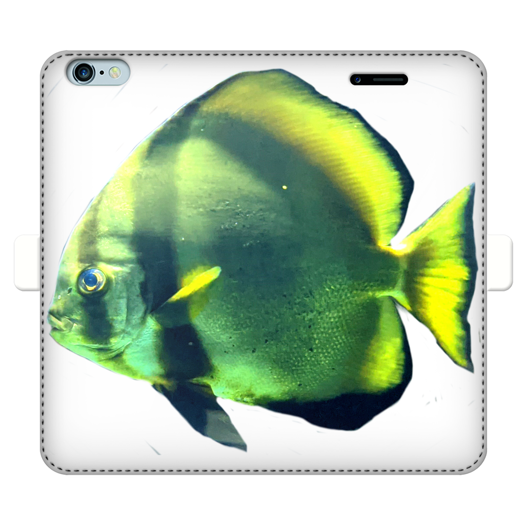 Green Fish Fully Printed Wallet Case showcasing vibrant design and magnetic closure, suitable for iPhone and Samsung models.