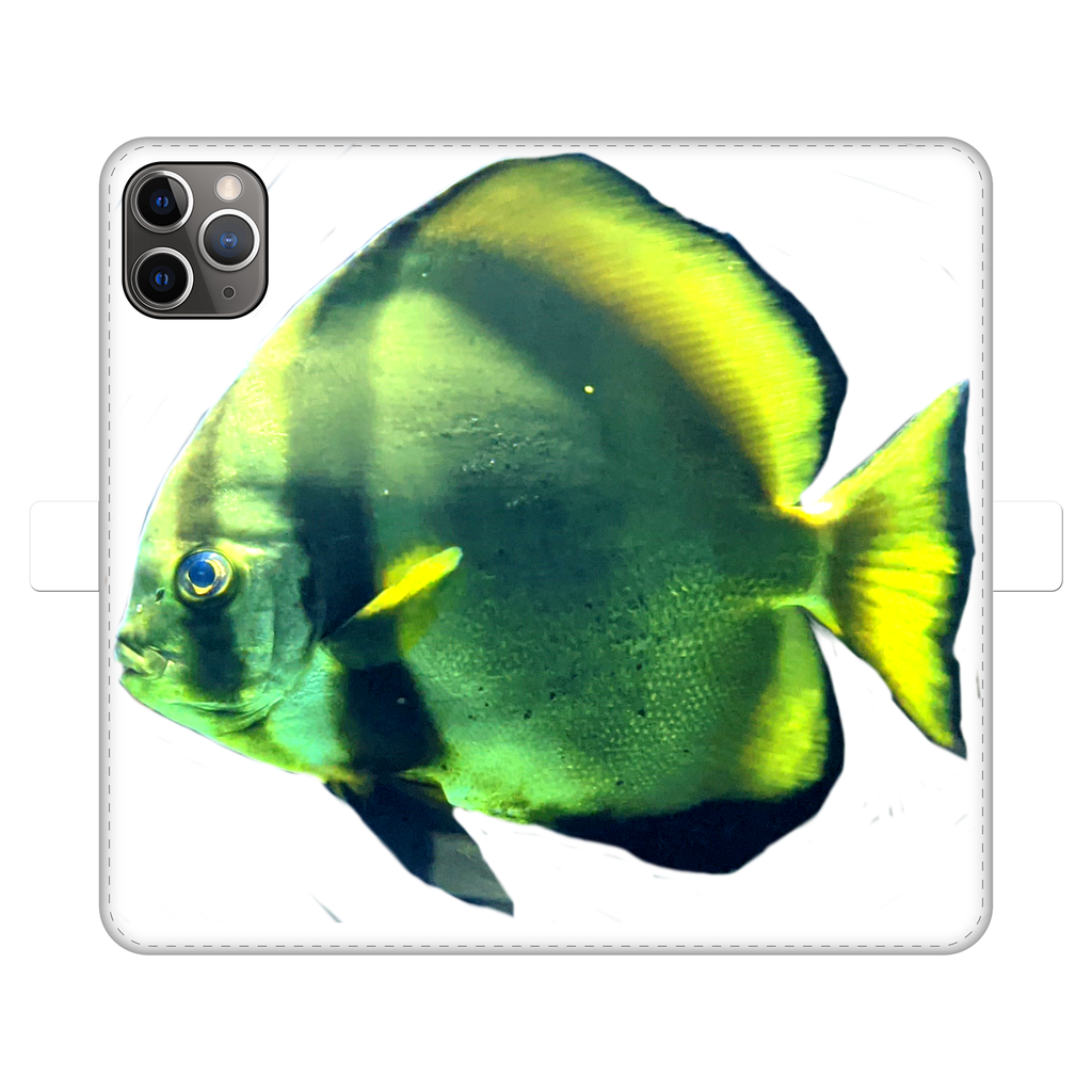 Green Fish Fully Printed Wallet Case showcasing vibrant design and magnetic closure, suitable for iPhone and Samsung models.