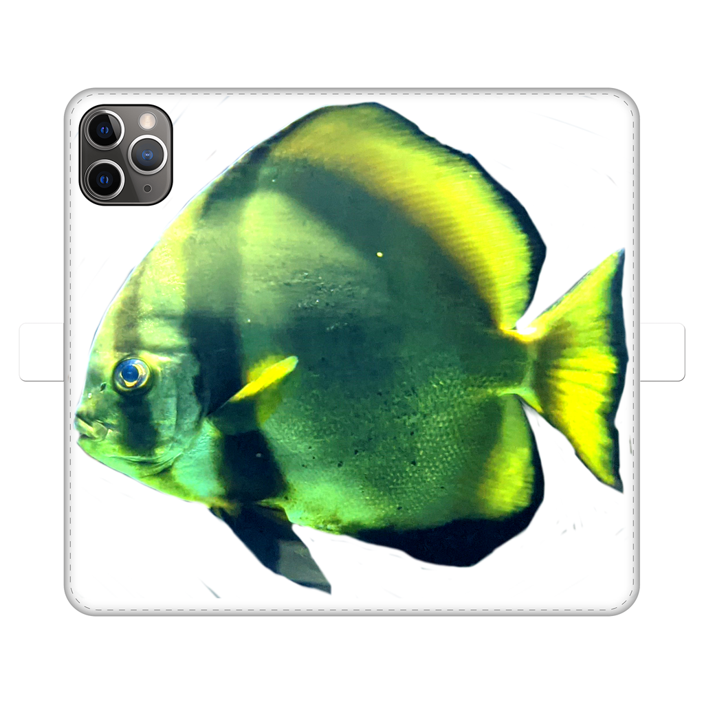 Green Fish Fully Printed Wallet Case showcasing vibrant design and magnetic closure, suitable for iPhone and Samsung models.