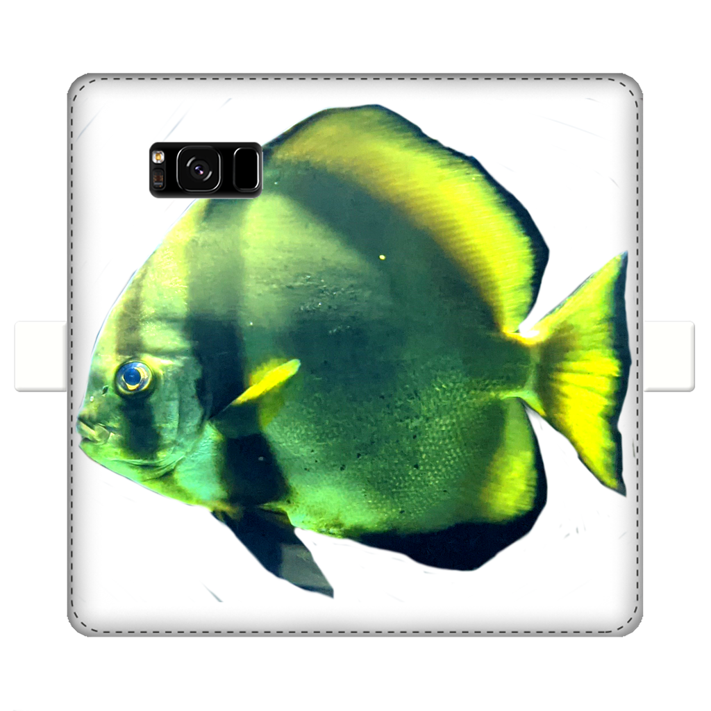 Green Fish Fully Printed Wallet Case showcasing vibrant design and magnetic closure, suitable for iPhone and Samsung models.