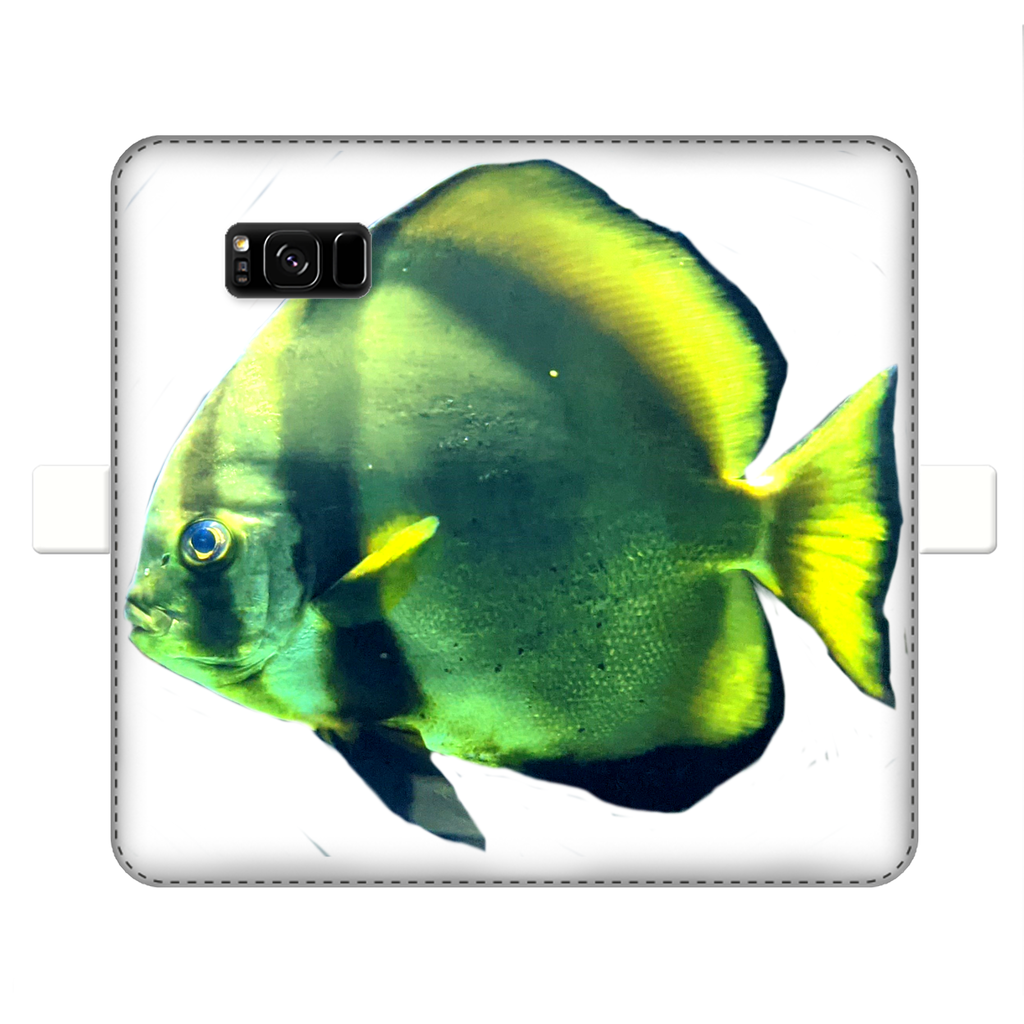 Green Fish Fully Printed Wallet Case showcasing vibrant design and magnetic closure, suitable for iPhone and Samsung models.