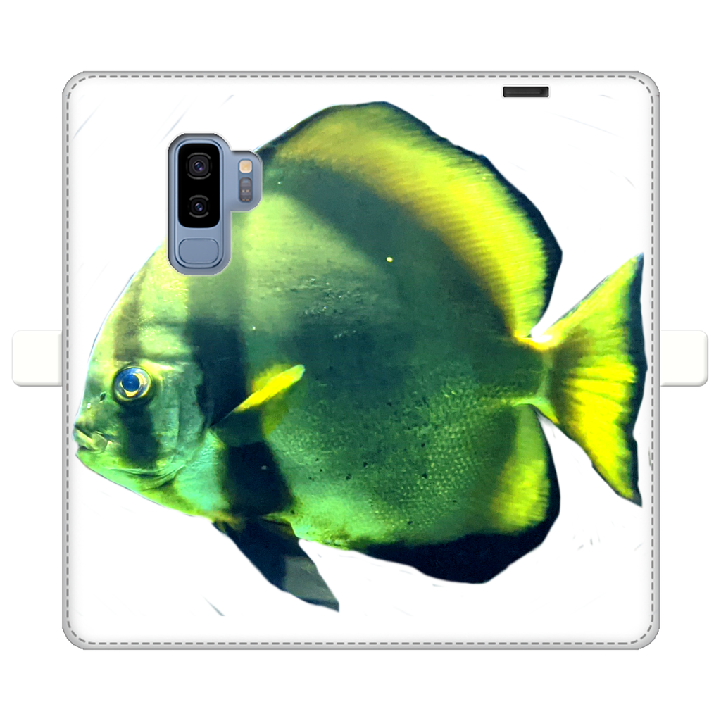 Green Fish Fully Printed Wallet Case showcasing vibrant design and magnetic closure, suitable for iPhone and Samsung models.