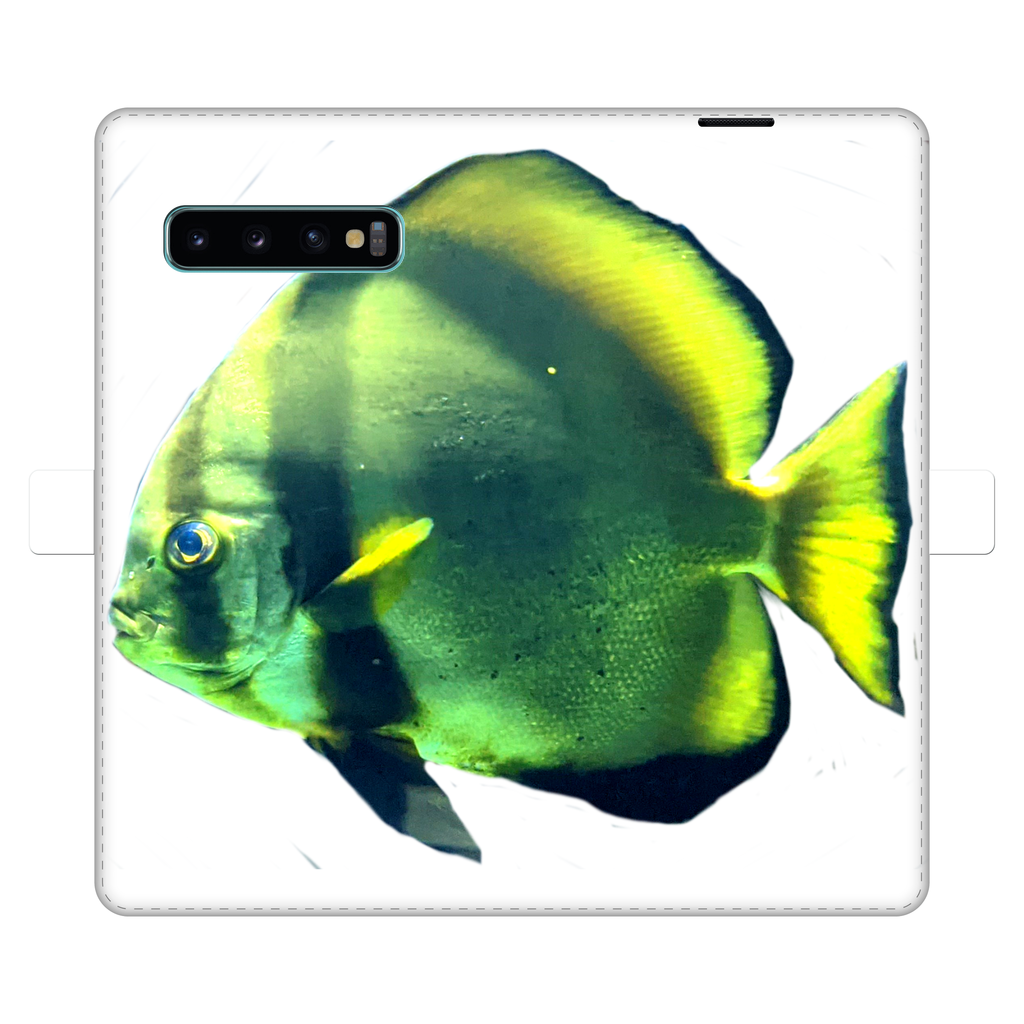 Green Fish Fully Printed Wallet Case showcasing vibrant design and magnetic closure, suitable for iPhone and Samsung models.