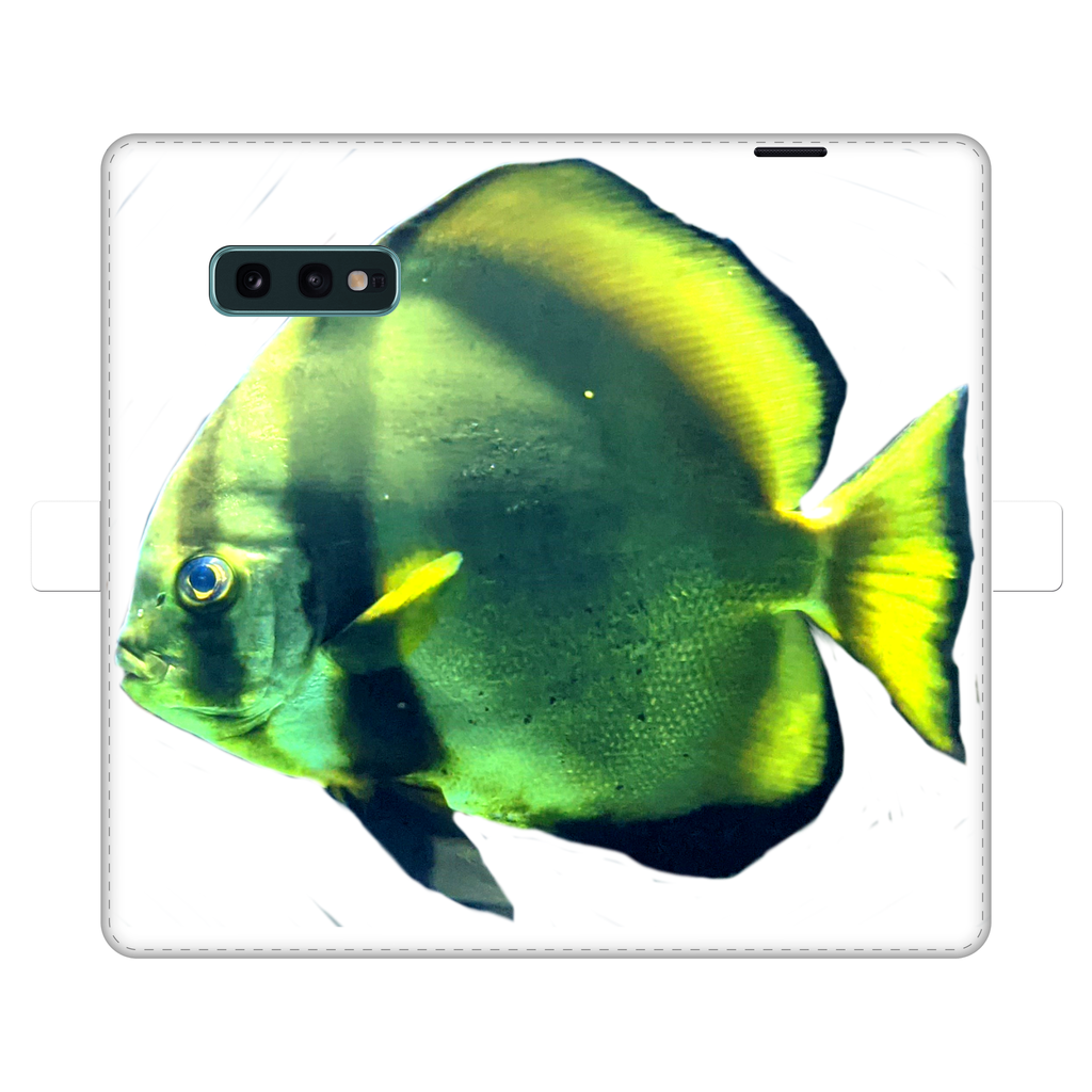 Green Fish Fully Printed Wallet Case showcasing vibrant design and magnetic closure, suitable for iPhone and Samsung models.