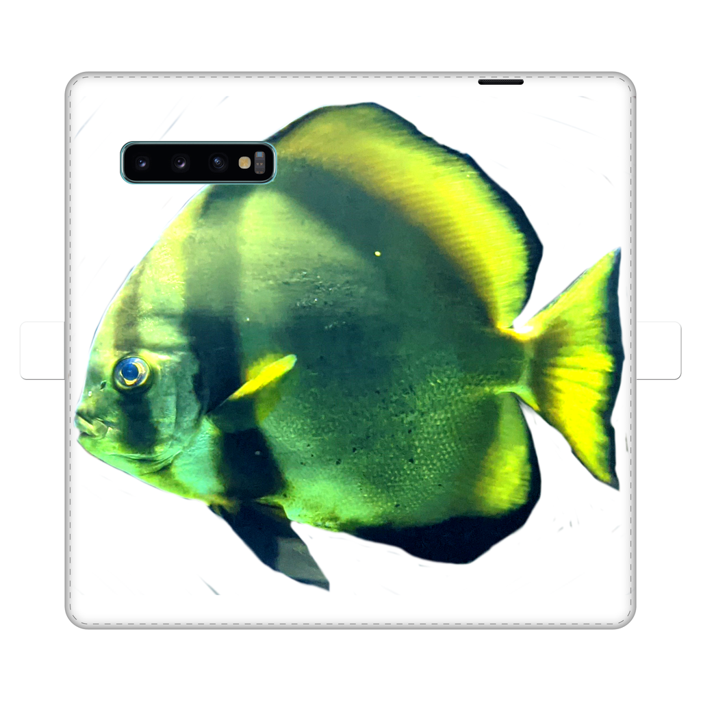 Green Fish Fully Printed Wallet Case showcasing vibrant design and magnetic closure, suitable for iPhone and Samsung models.