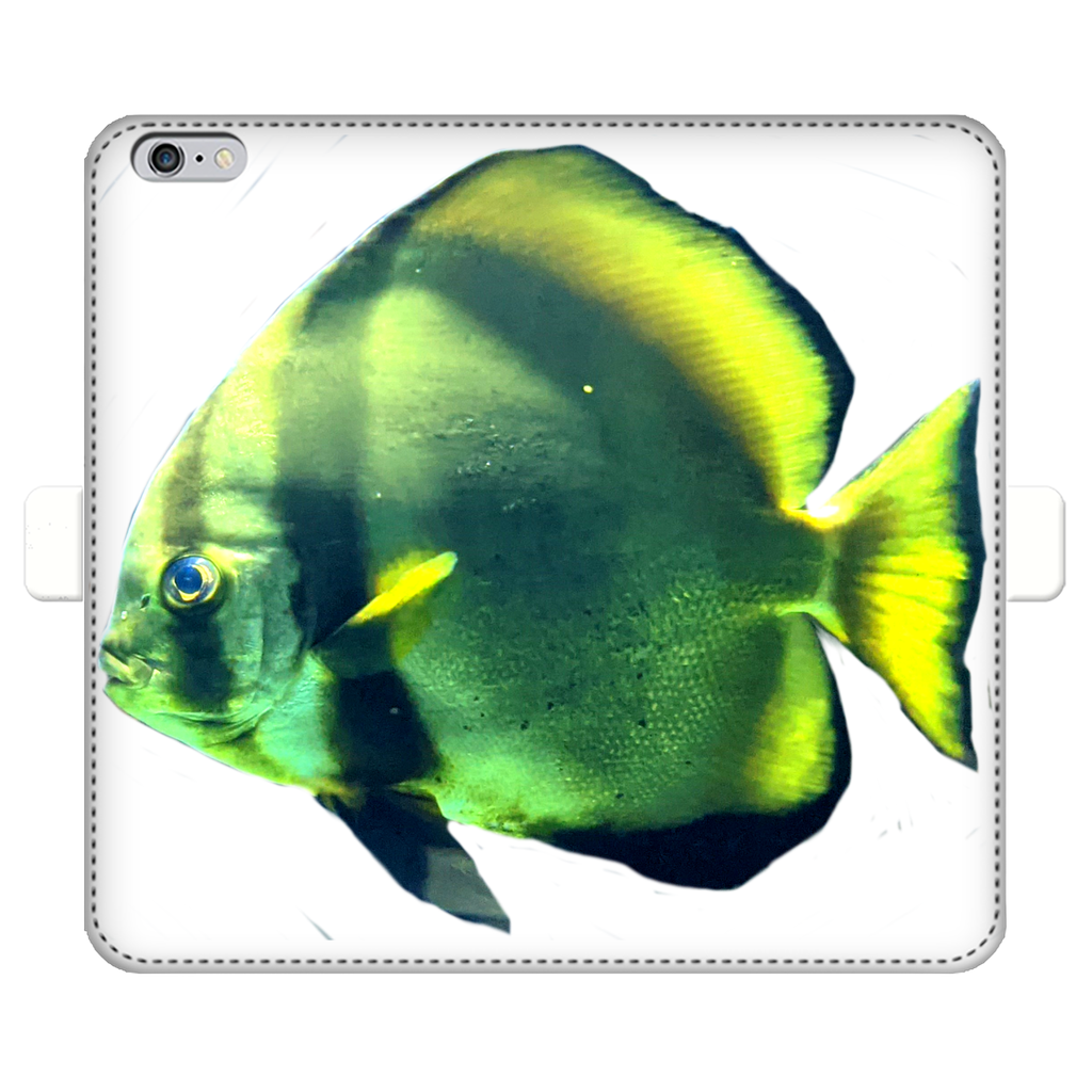 Green Fish Fully Printed Wallet Case showcasing vibrant design and magnetic closure, suitable for iPhone and Samsung models.