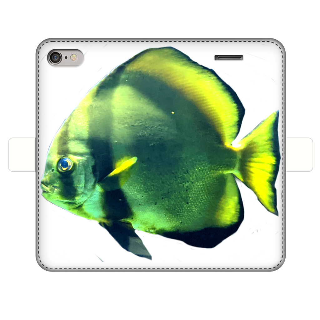 Green Fish Fully Printed Wallet Case showcasing vibrant design and magnetic closure, suitable for iPhone and Samsung models.