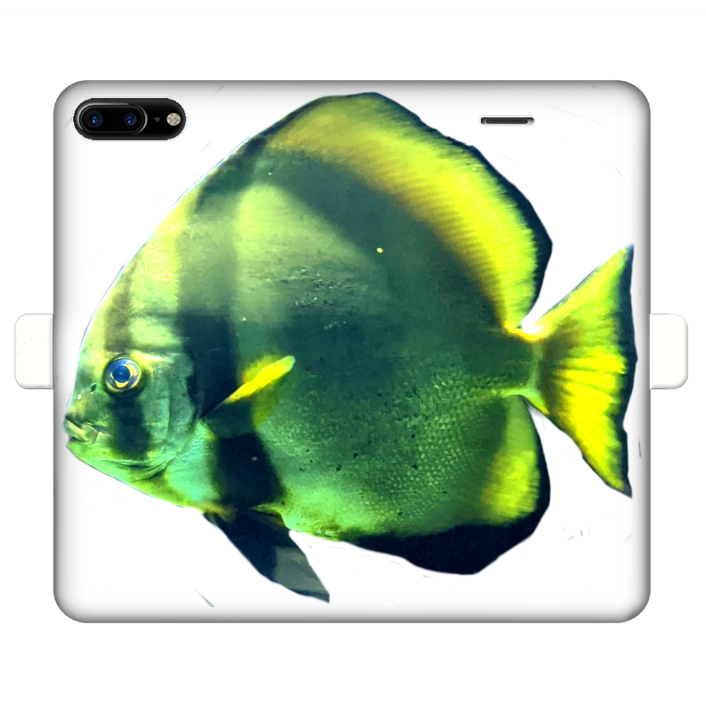 Green Fish Fully Printed Wallet Case showcasing vibrant design and magnetic closure, suitable for iPhone and Samsung models.