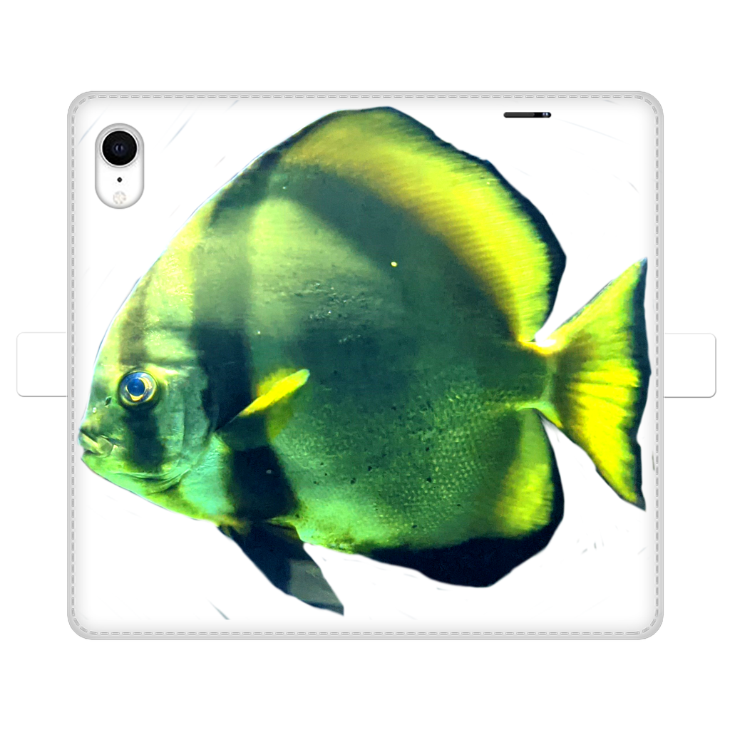 Green Fish Fully Printed Wallet Case showcasing vibrant design and magnetic closure, suitable for iPhone and Samsung models.