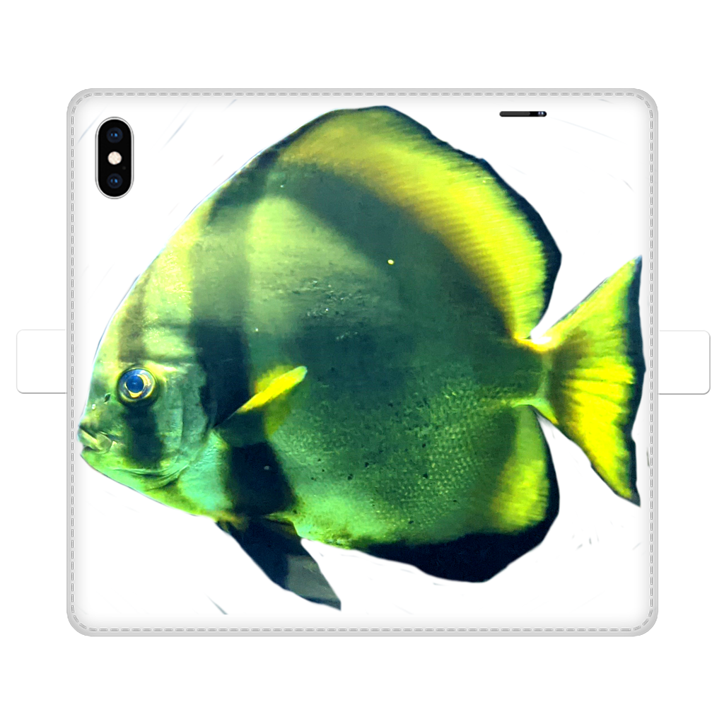 Green Fish Fully Printed Wallet Case showcasing vibrant design and magnetic closure, suitable for iPhone and Samsung models.