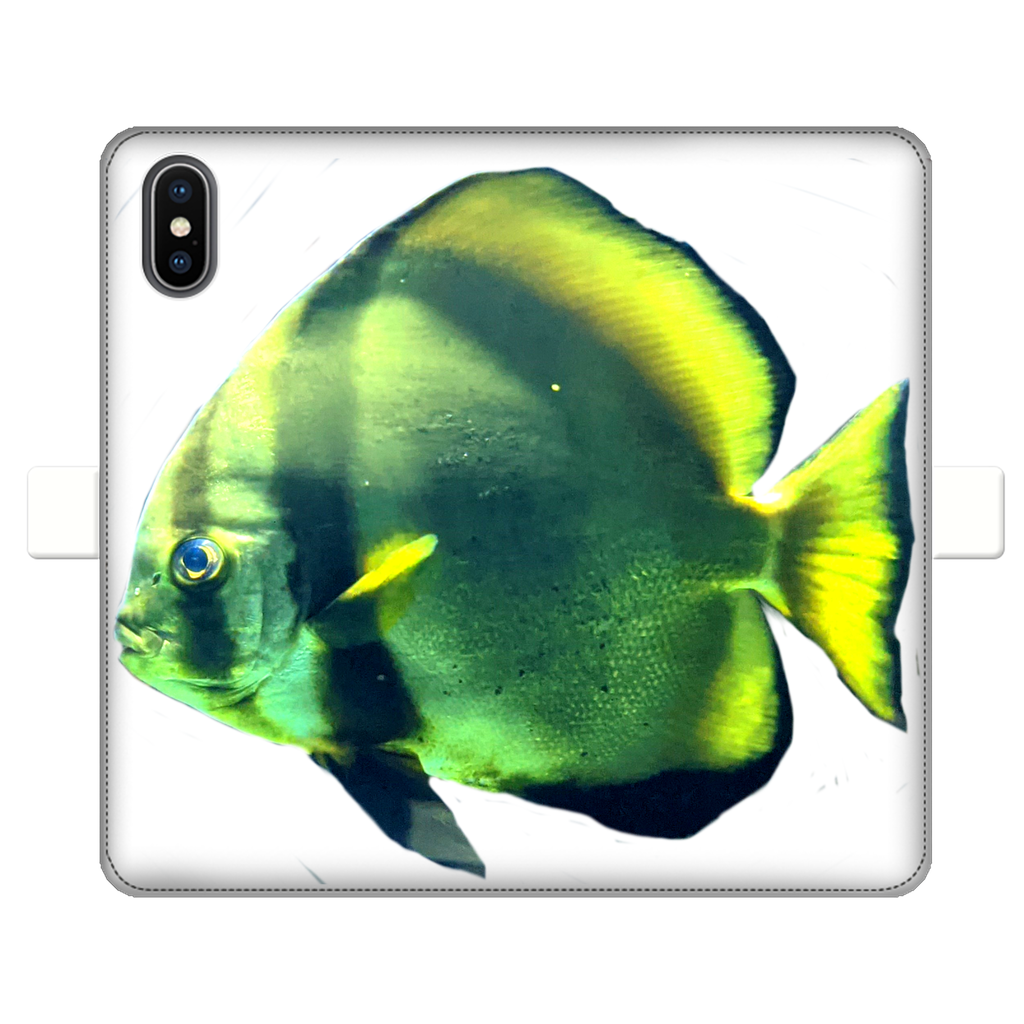 Green Fish Fully Printed Wallet Case showcasing vibrant design and magnetic closure, suitable for iPhone and Samsung models.