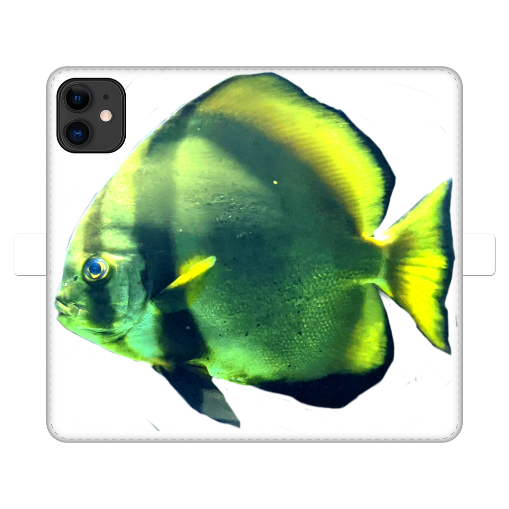 Green Fish Fully Printed Wallet Case showcasing vibrant design and magnetic closure, suitable for iPhone and Samsung models.