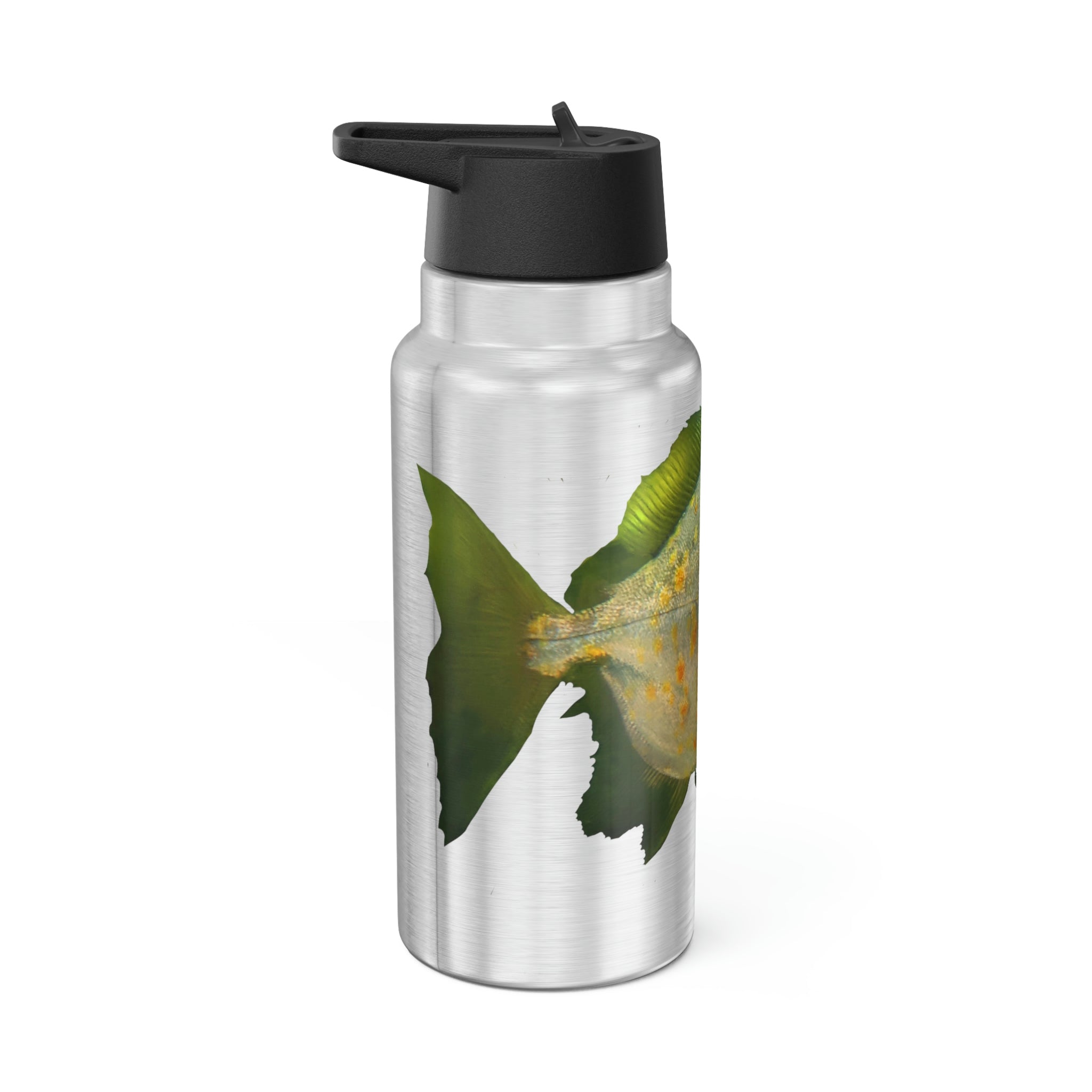 Green Fish Gator Tumbler, 32oz, stainless steel with a black screw-on cap and included straw, showcasing a customizable design.