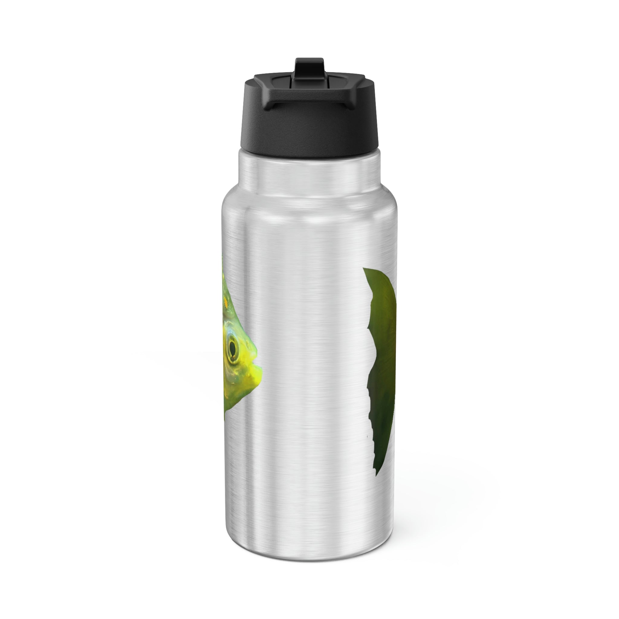 Green Fish Gator Tumbler, 32oz, stainless steel with a black screw-on cap and included straw, showcasing a customizable design.